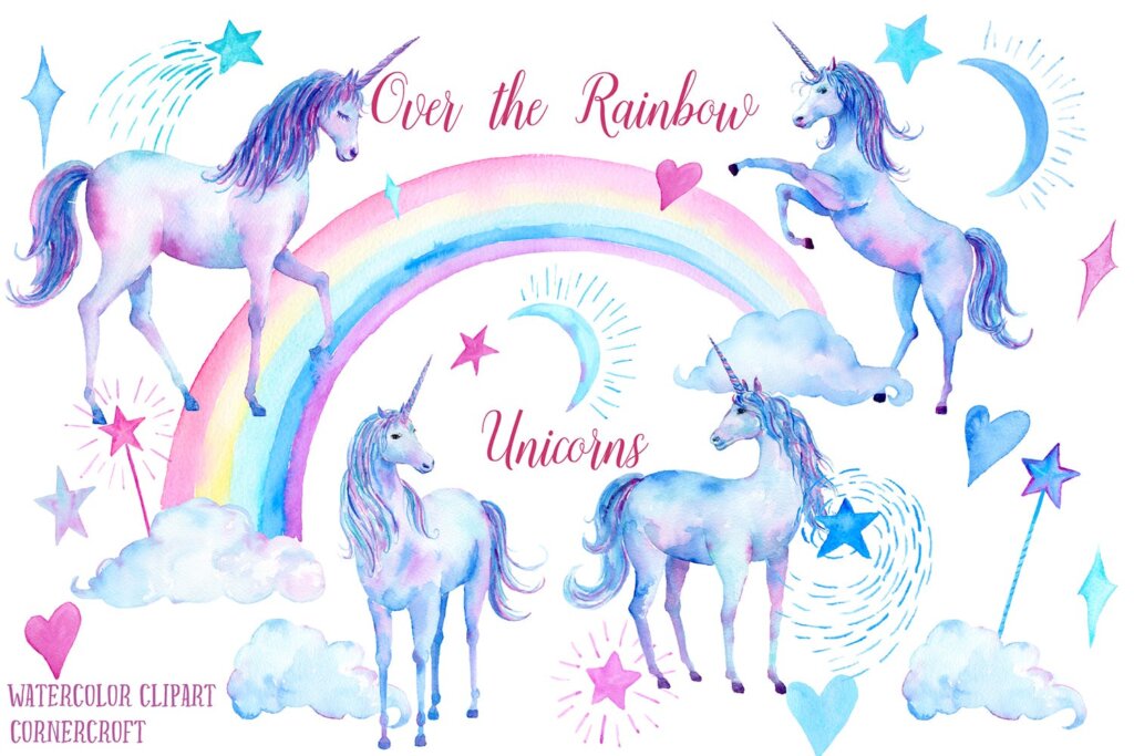 手提袋装饰图案彩虹独角兽装饰图案纹理素材模版下载Watercolor Over the rainbow Unicorn Clipart