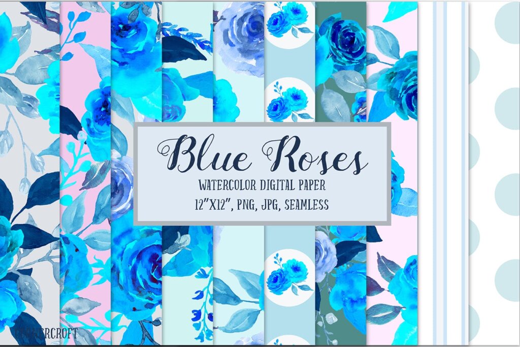 手绘水彩花卉背景的蓝色玫瑰和鲜花装饰图案纹理下载Watercolor Pattern Blue Rose