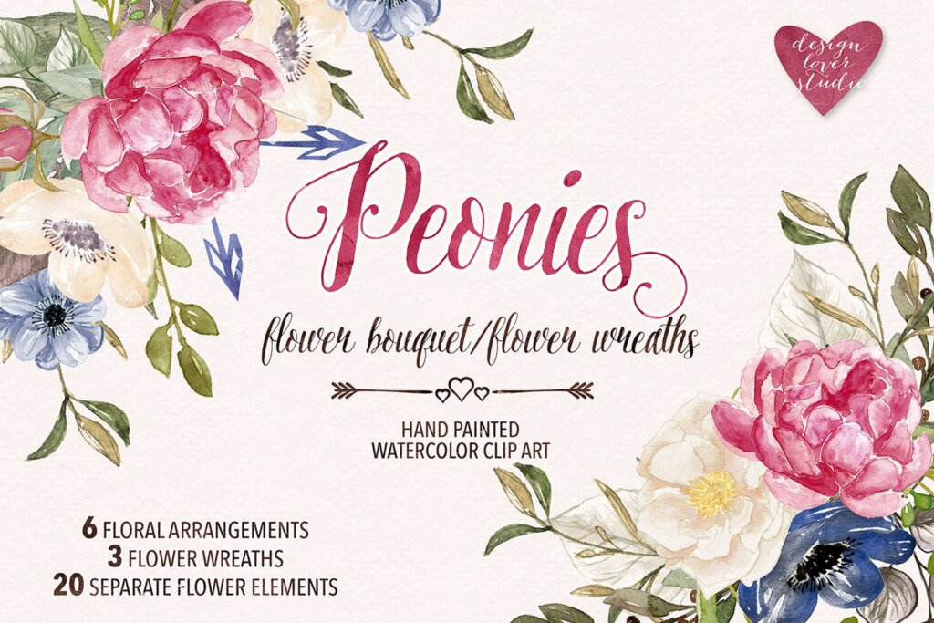 20个水彩分割剪贴画花卉Watercolor Peonies wreaths bouquets