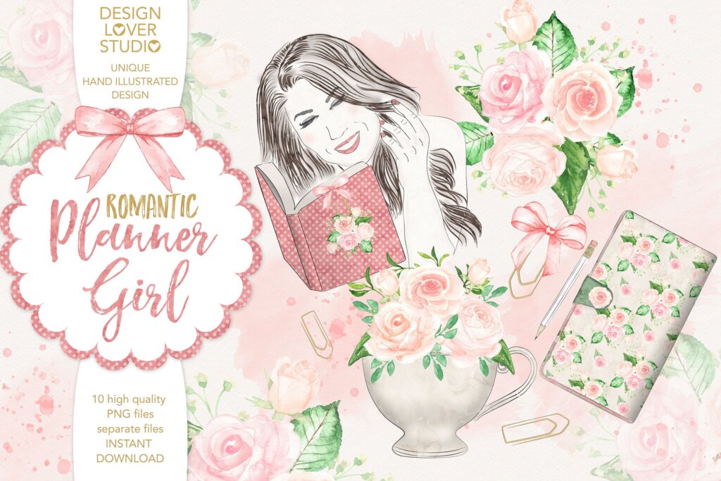 浪漫温馨女孩礼品装饰图案纹理素材Watercolor Planner Girl design