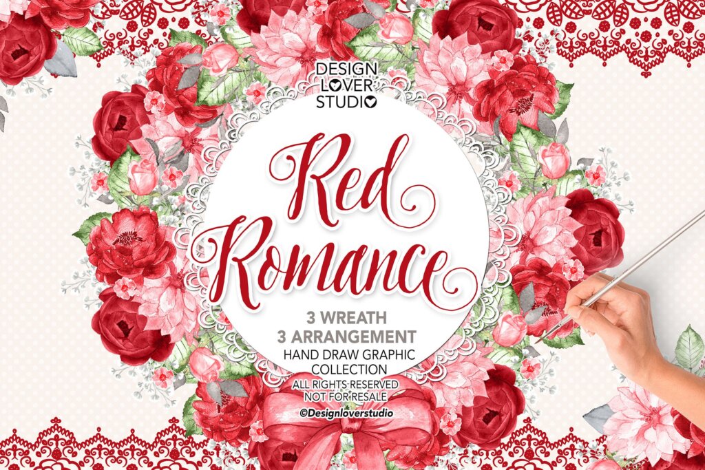 红宝石玫瑰婚礼浪漫主题装饰画素材模板Watercolor RED ROMANCE wreaths