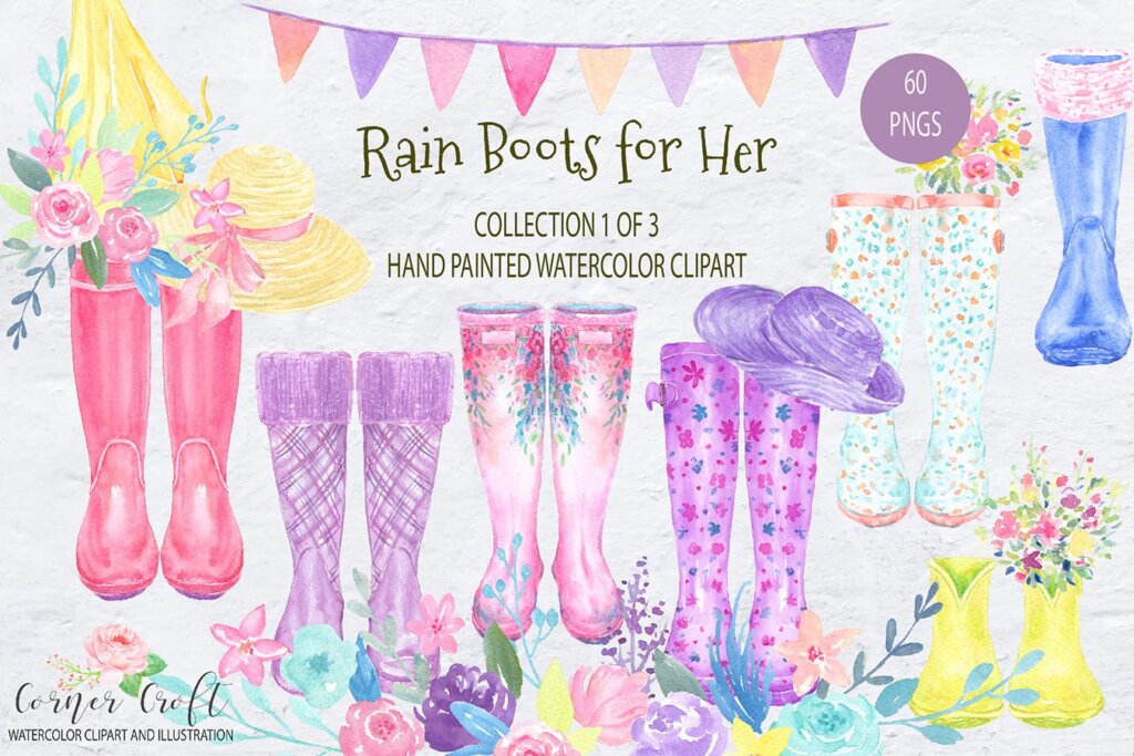 手绘水彩雨靴系列装饰图案纹理/贺卡装饰图案纹理素材Watercolor Rain Boots for Her