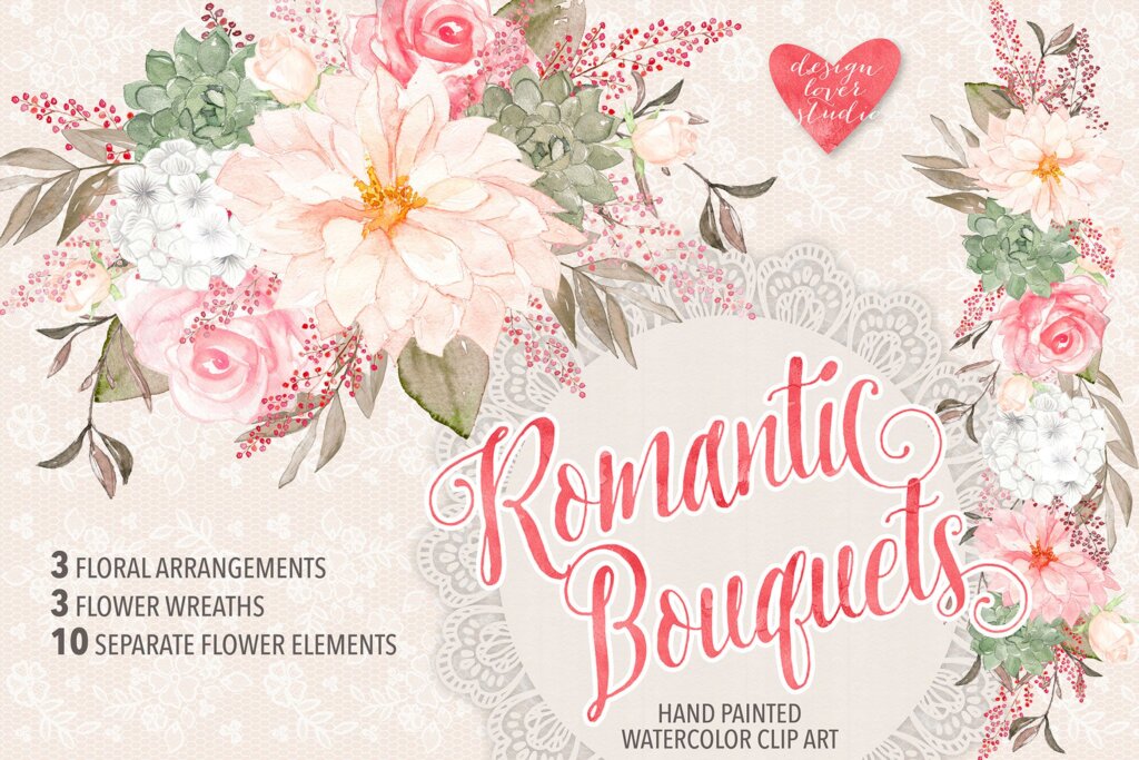 浪漫主题花束剪贴画/粉色水彩花卉图案纹理素材Watercolor Romantic Bouquets design