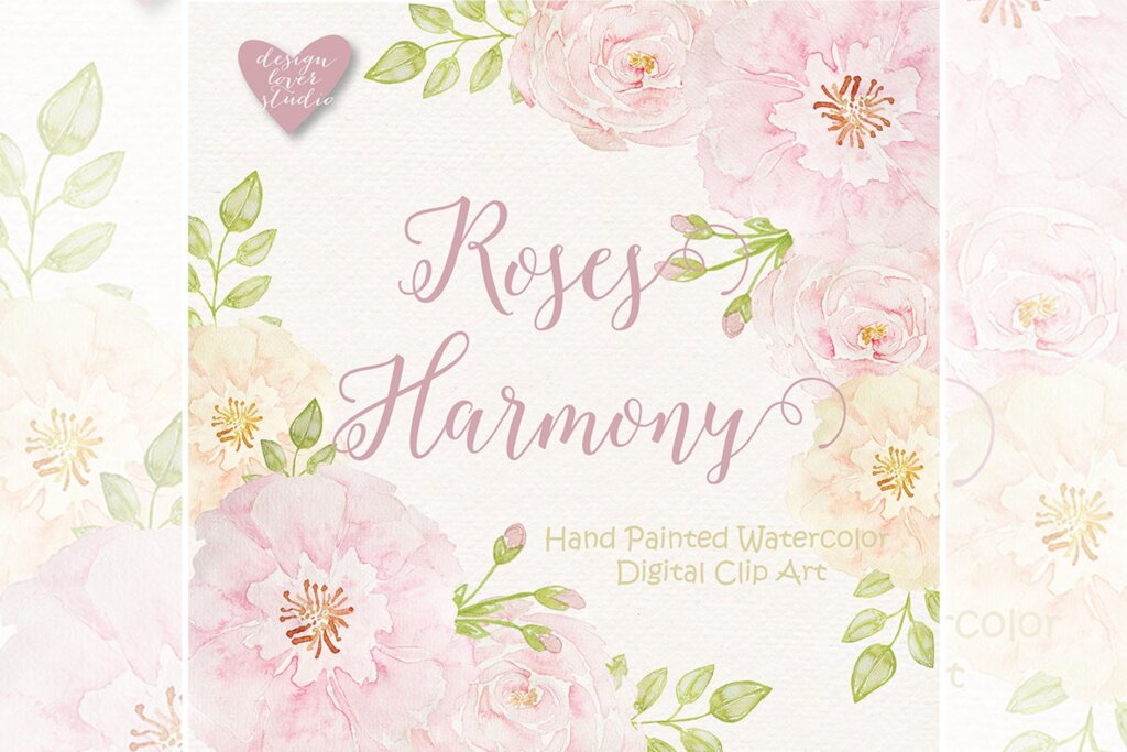 手绘水彩玫瑰剪贴纸/海报装饰图案纹理素材Watercolor Roses Harmony clipart