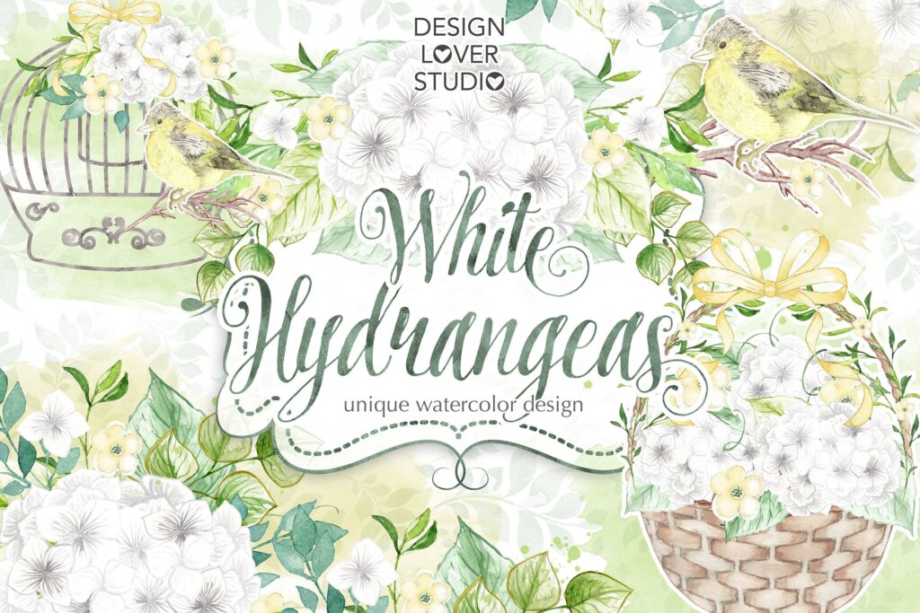 婚礼剪贴画邀请函装饰图案花纹下载Watercolor White Hydrangeas design