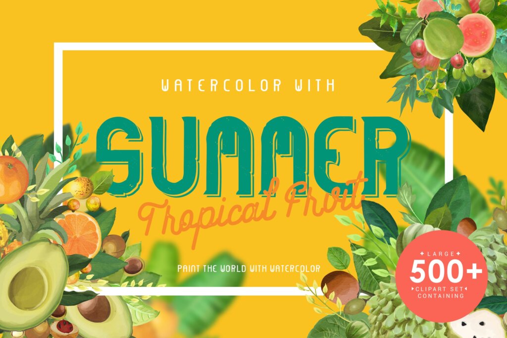 热带水果水彩画/绿色食品包装装饰品牌装饰图案纹理素材Watercolor with summer Tropical Fruit