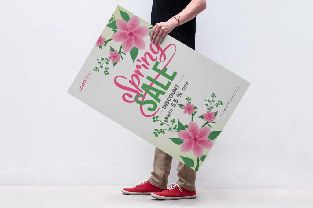 白色和粉红色的春季促销海报素材White and Pink Spring Poster with Floral Corners