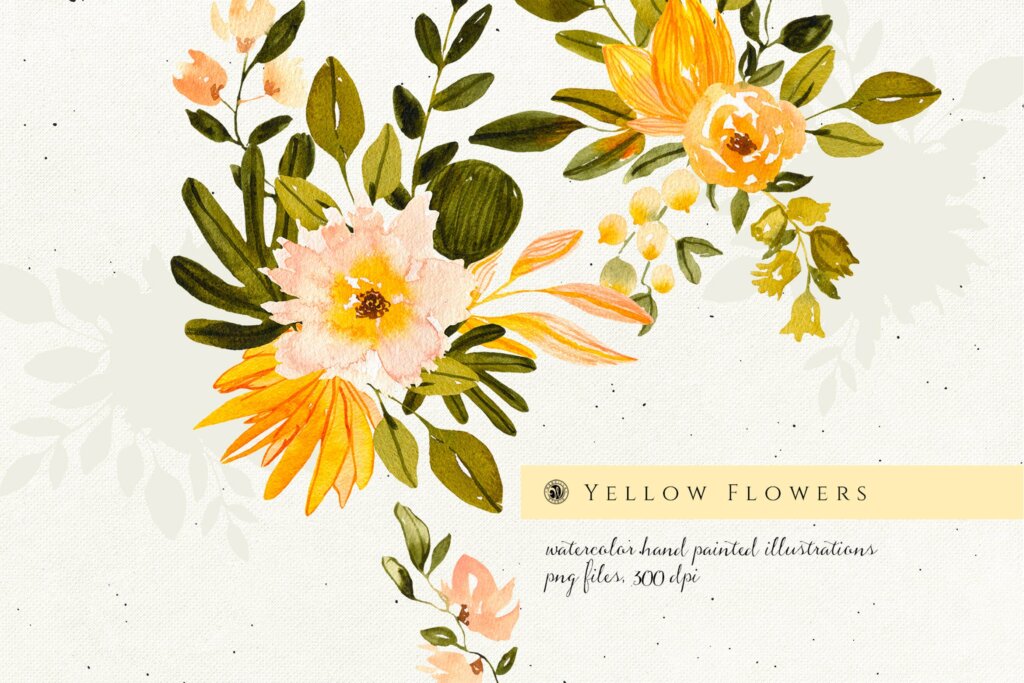 黄色水彩花卉/手绘花卉水彩装饰图案纹理素材Yellow Watercolor Flowers