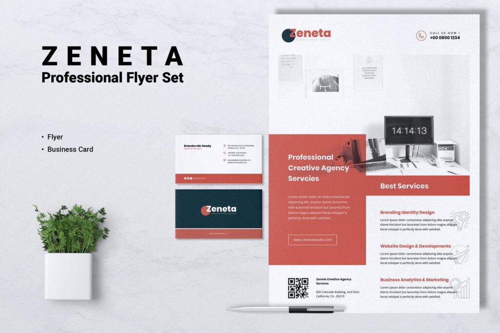 创意机构企业介绍招聘传单和名片模板素材ZENETA Creative Agency Flyer Business Card