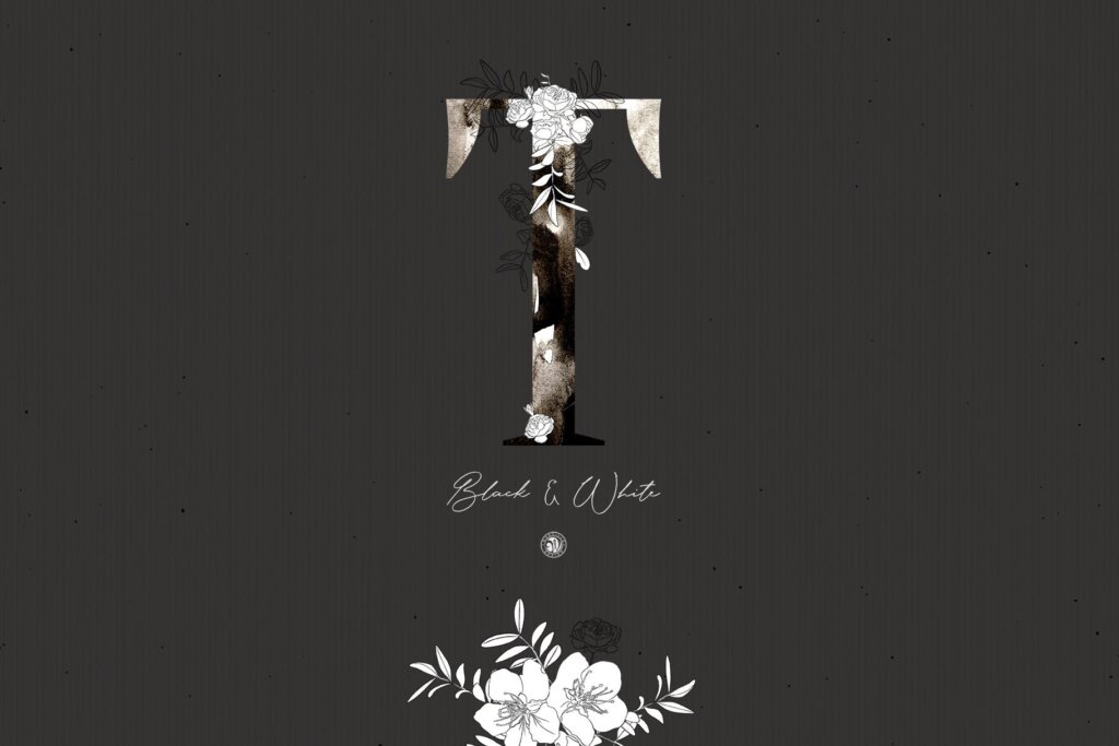 黑色和白色创意装饰字母花卉插图和字母素材Black And White Floral Alphabet插图10