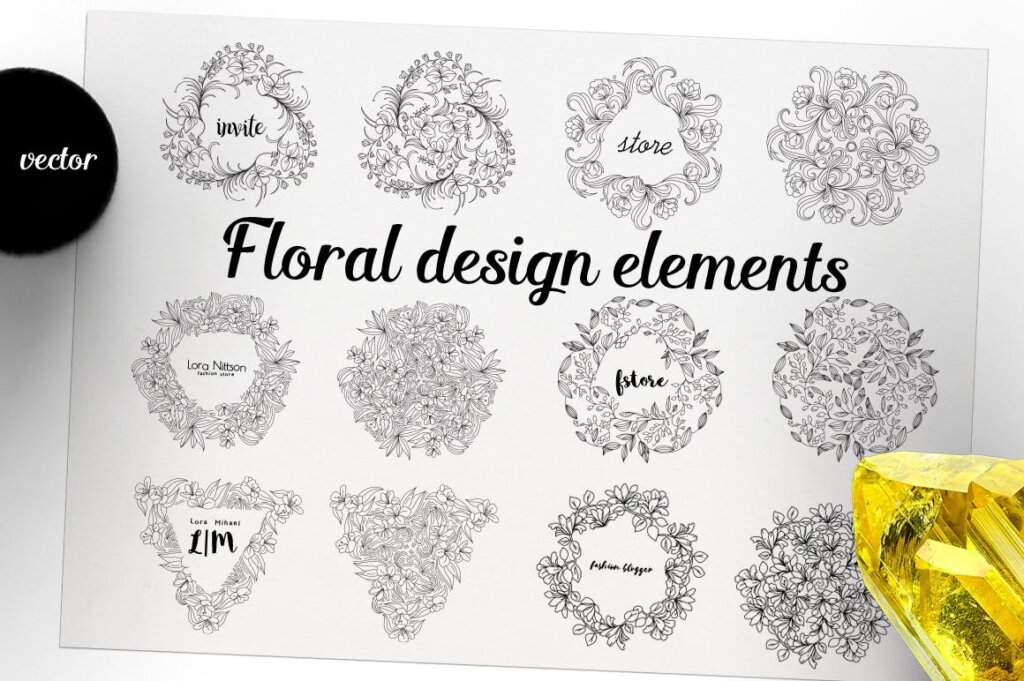 黑白手绘花卉图形集创意花环装饰图案纹理素材12 Floral design elements Pro插图1