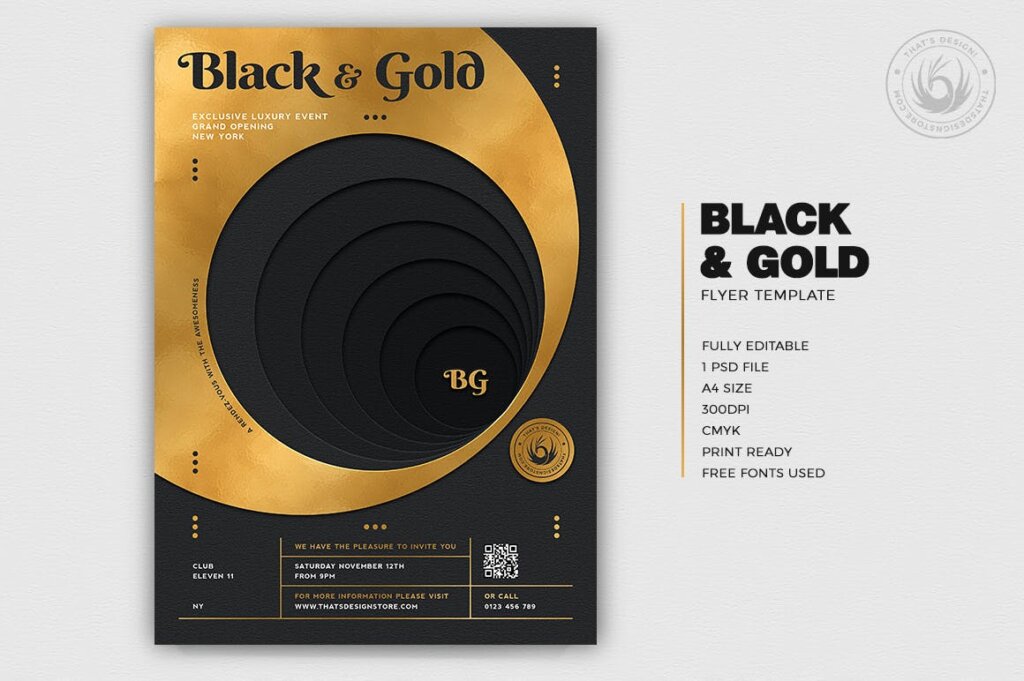 一点透视黑色和金色传单海报模板素材Black and Gold Flyer Template V11插图1