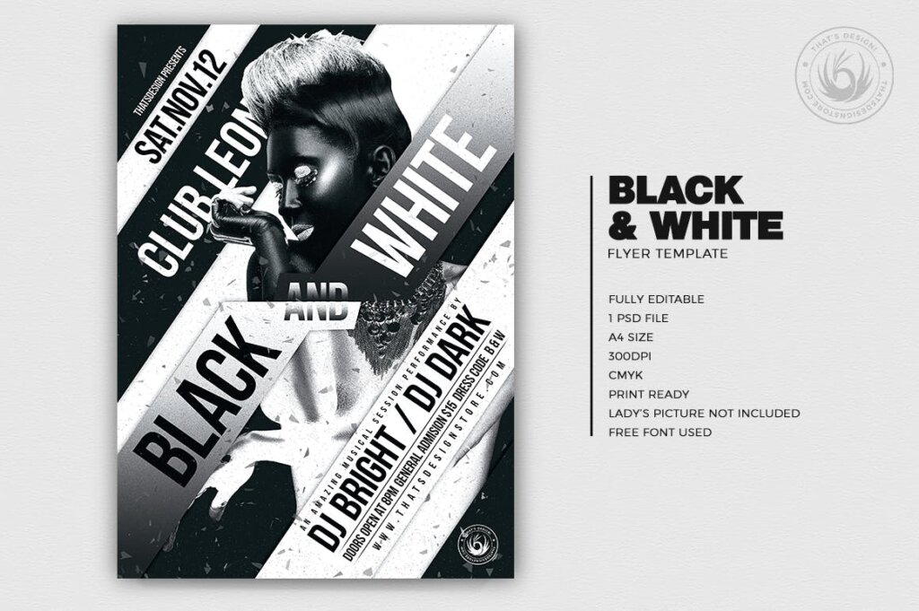 黑色音乐会主题海报传单模板素材Black and White Party Flyer Template VWKL7E3插图1