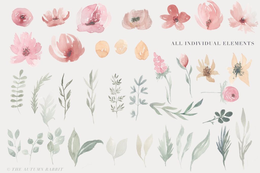 精致水彩手绘花卉和叶子装饰图案纹理素材下载 Spring AKHMXQ8插图1