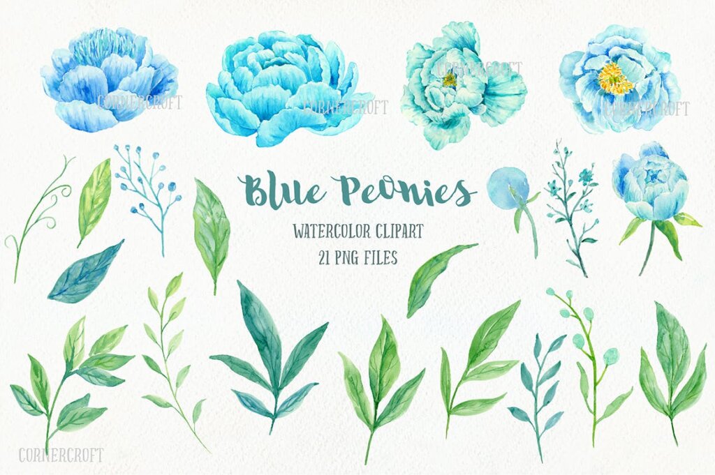 水彩蓝色牡丹剪纸装饰图案纹理素材模版下载Blue Peony Clip Art插图1