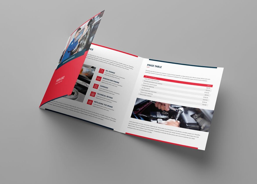 汽车维修/汽车服务三折页宣传素材模版素材Brochure Auto Repair Tri Fold Square插图1
