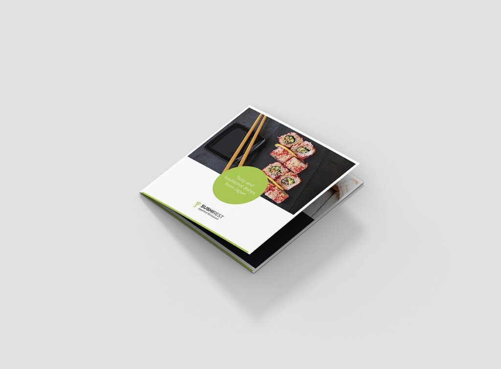 寿司日本食品寿司餐饮三折页印刷品模板素材下载Brochure Sushi Restaurant 4 Fold Square插图1