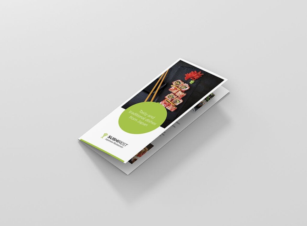 日本寿司店海鲜印刷品三折页模版素材下载Brochure Sushi Restaurant Tri Fold插图1