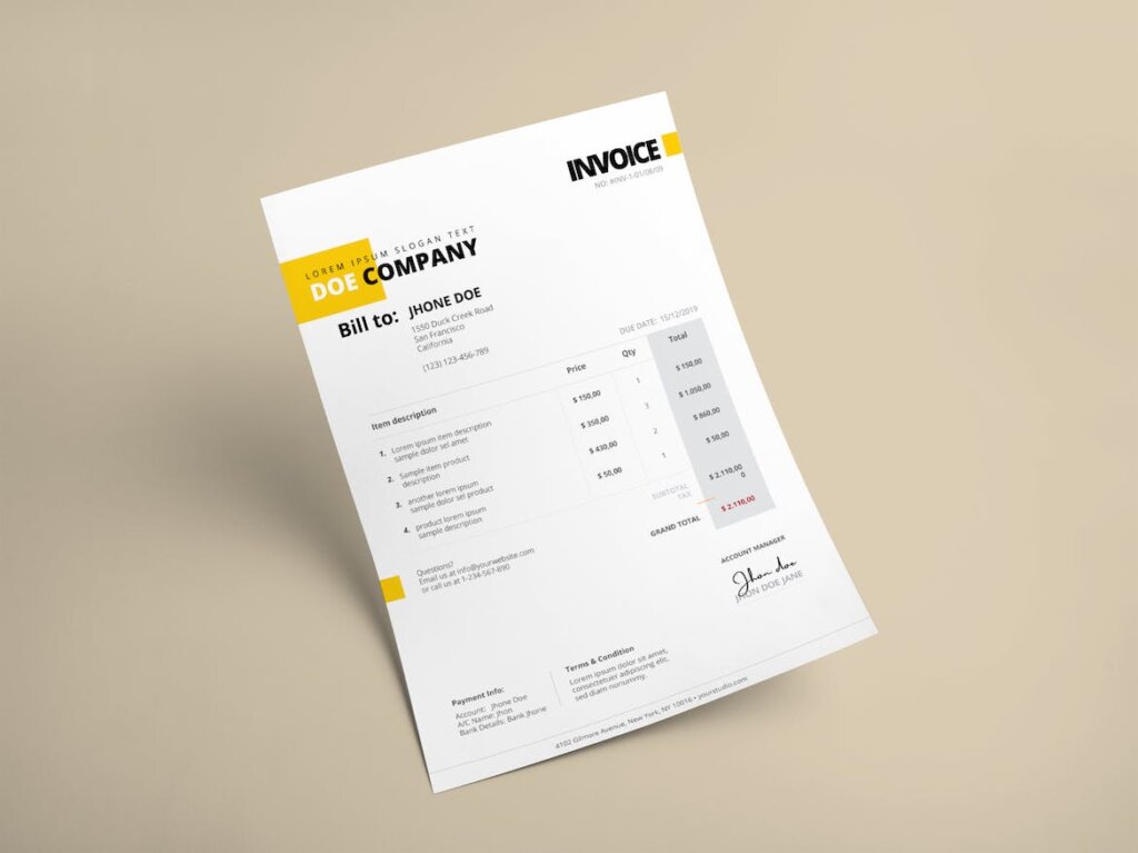 商业发票设计传单海报模板素材Business Invoice 01 Yellow Accent插图1