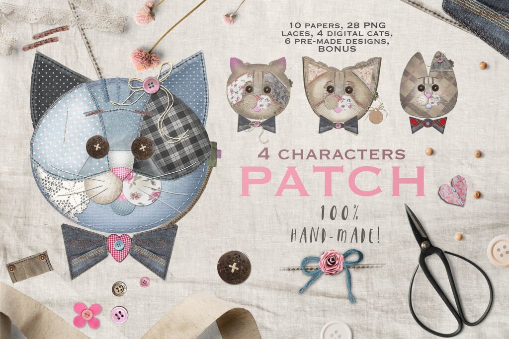 服装装饰元素手绘装饰图案素材下载CATS ON PATCH BYVLGH插图1