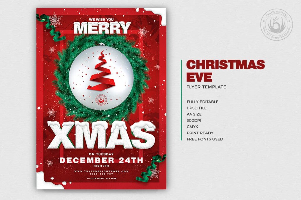 圣诞节平安夜活动派对传单海报模版素材下载Christmas Eve Flyer Template V11插图1