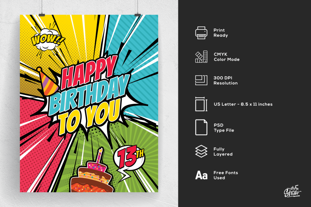 放射构图生日聚会传单海报模板素材Comic Style Happy Birthday Flyer 6XLUBF插图1