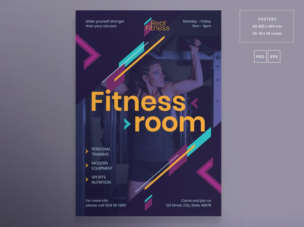 几何图形健身海报传单模版素材下载Fitness Gym Flyer and Poster Template插图1