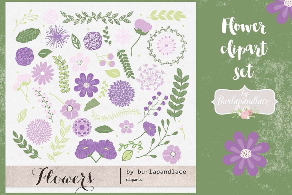 紫色花卉植物装饰图案素材Flower set clipart 8RCLA9插图1