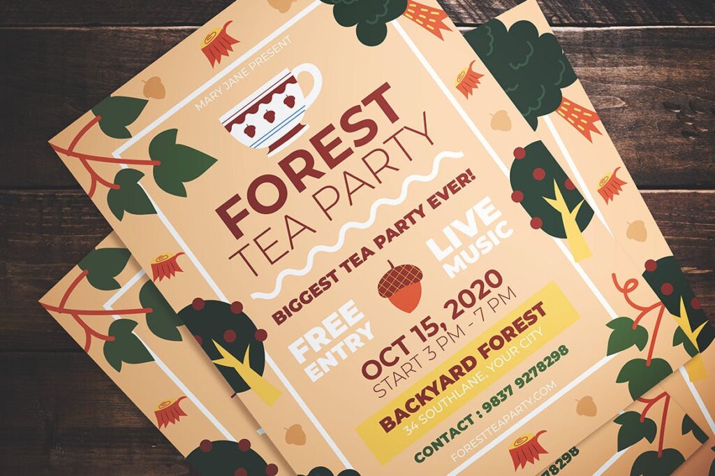 森林茶话会传单海报传单模板素材下载Forest Tea Party Flyer插图1