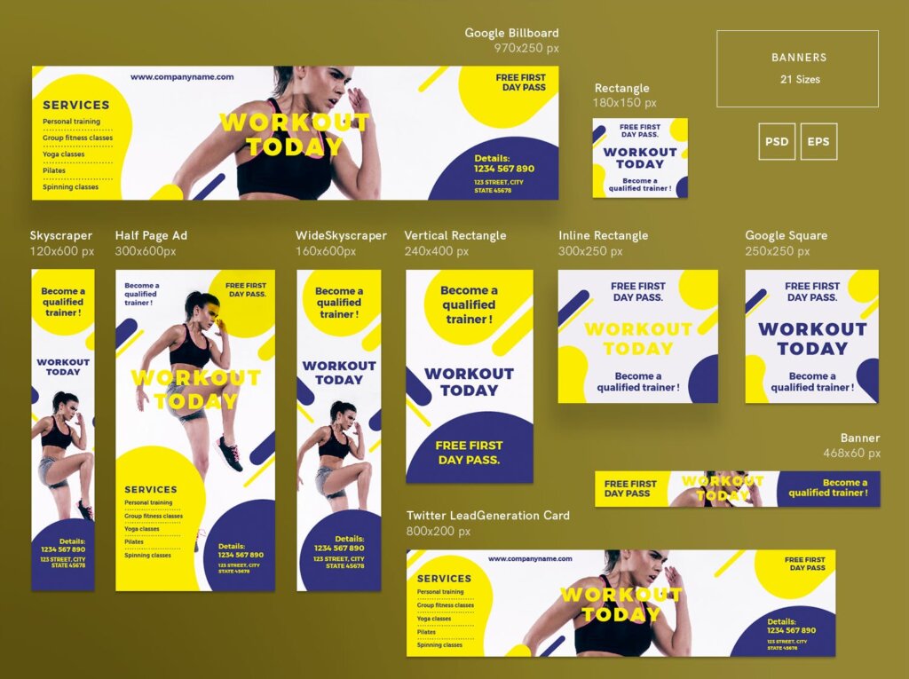 网站礼品标签横幅广告传单海报模板素材下载Gym Workout Banner Pack Template插图1