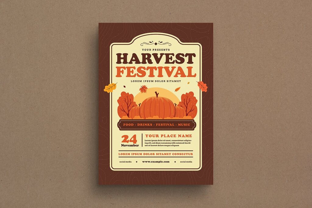 丰收季节庆祝活动传单海报模版素材Harvest Festival Event Flyer插图1