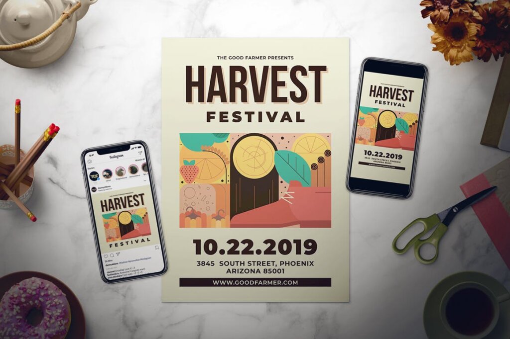丰收节宣传单海报扁平化插画背景图案模板素材Harvest Festival Flyer Set插图1