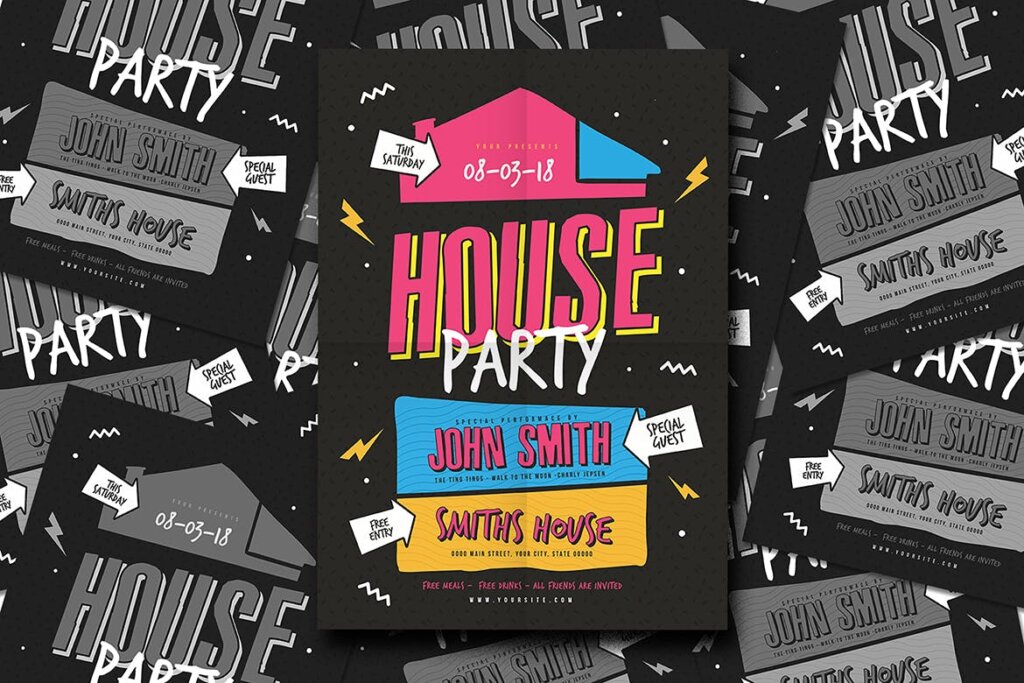 家庭圣后派对创意海报传单模板素材House Party Flyer插图1