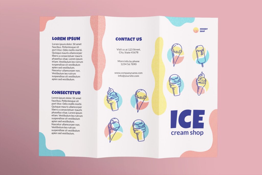 冷饮甜品冰淇淋折页传单折页模板素材下载Ice Cream Shop Brochure Trifold插图1
