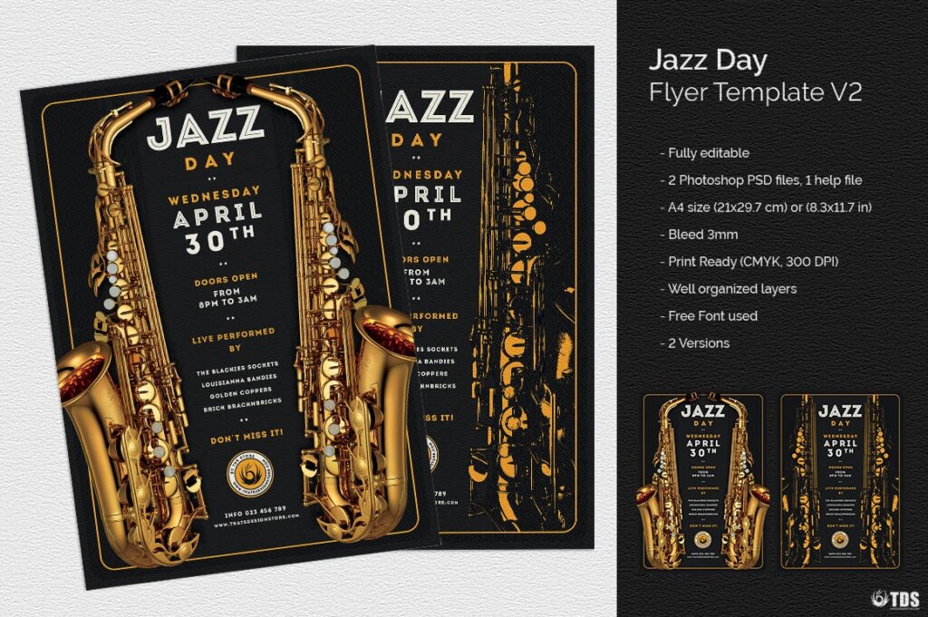 爵士音乐海报传单素材模板Jazz Day Flyer Template V2插图1