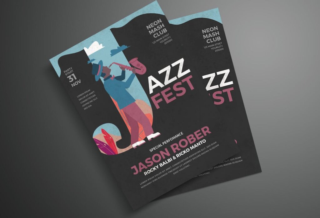 高端爵士乐节/萨克斯音乐插画场景传单海报模板素材Jazz Fest Flyer S4HCAH插图1