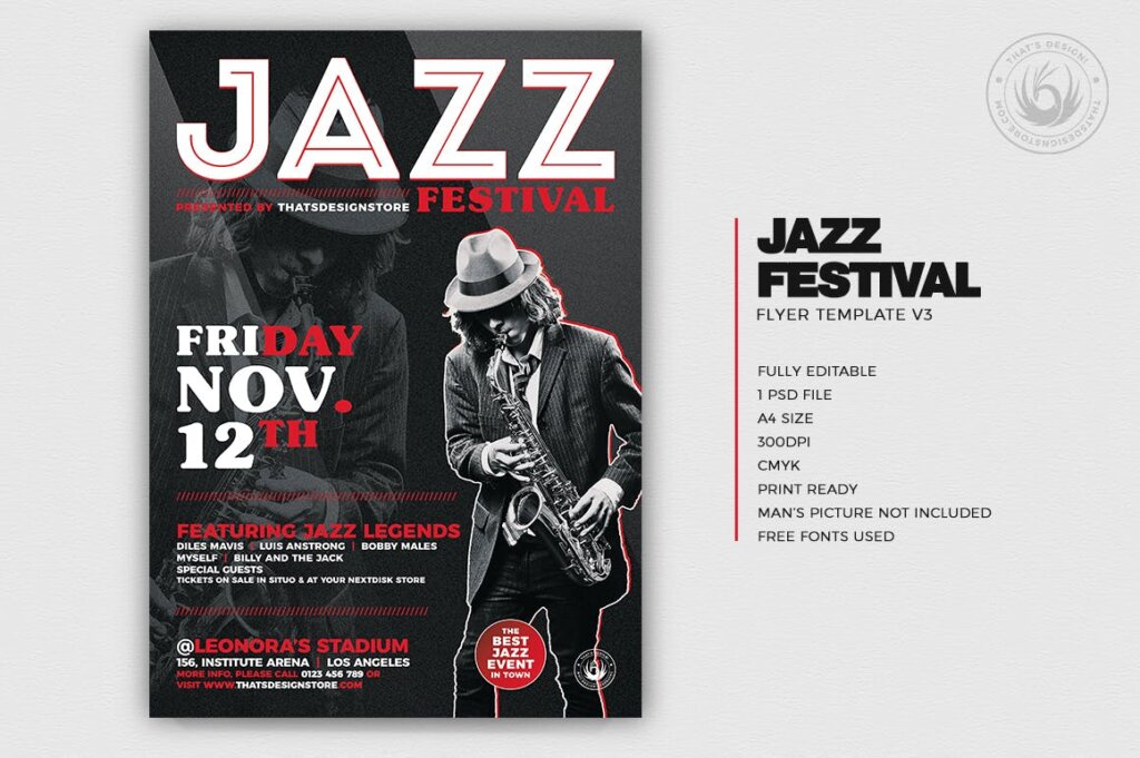 高端文艺爵士音乐节传单海报模板素材Jazz Festival Flyer Template V3插图1