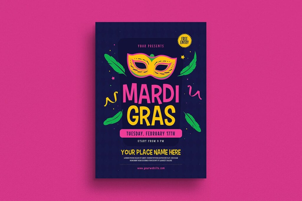 时尚传单海报模版素材下载模版Mardi Gras Event Flyer插图1