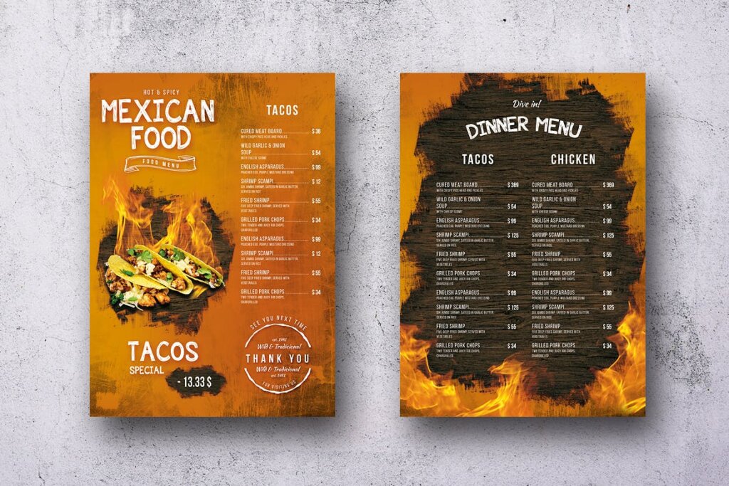 单页A4美国信件食品菜单PSD模板素材Mexican A4 US Letter Single Page Food Menu插图1