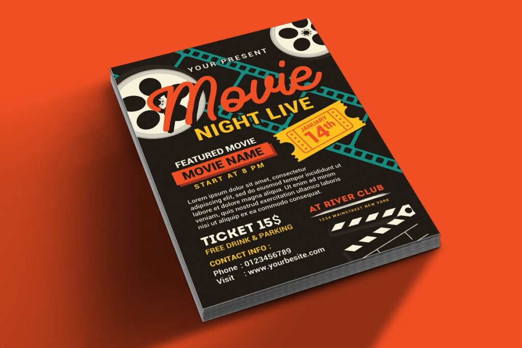 电影节日互动传单海报模版素材呀 Movie Night Movie Time Flyer插图1