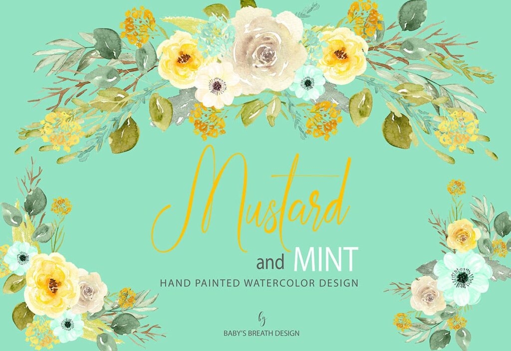 芥末薄荷花卉装饰图案纹理素材Mustard and Mint design插图1