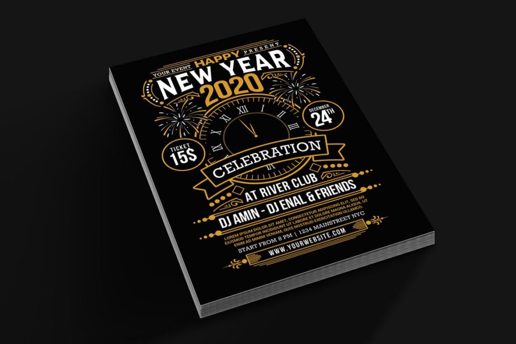 新年派对庆祝黑色主题海报传单模板素材New Year 2020 Party Celebration插图1