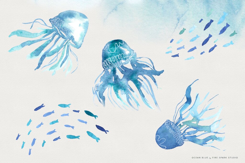 海洋动植物/海鲜品牌包装装装饰图案纹理素材Ocean Blue Watercolor Illustrations插图1