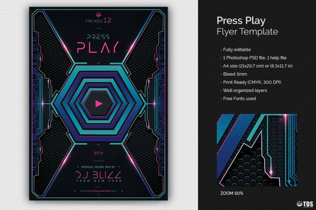播放音乐类传单模板素材下载Press Play Flyer Template插图1