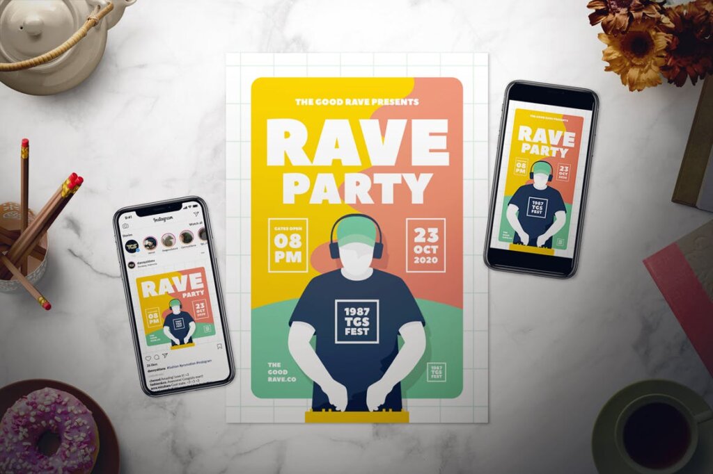 矢量插图狂欢派对传单Rave Party Flyer Set插图1