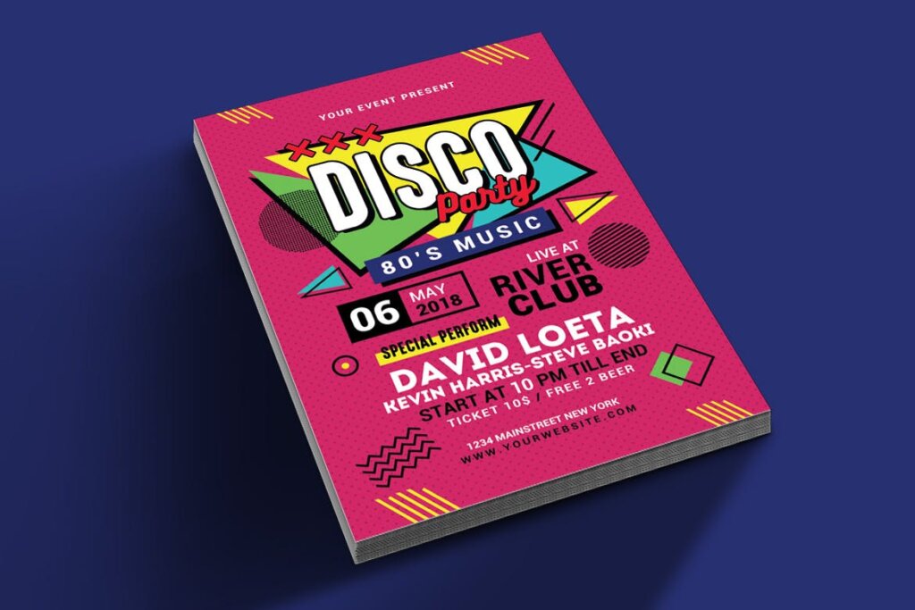 几何背景图案摇滚音乐海报传单模板素材下载Retro Music Disco Party插图1