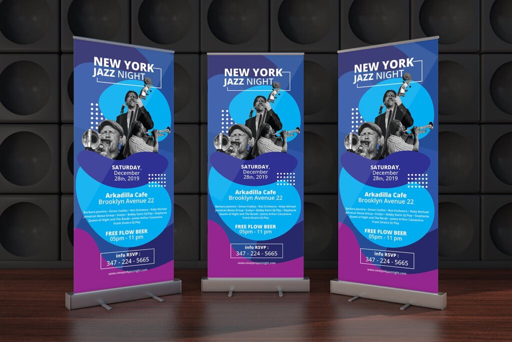 爵士音乐会派对渐变风格易拉宝海报传单模板素材下载Roll Up Banner Flyer Music Jazz Promotion Set插图1