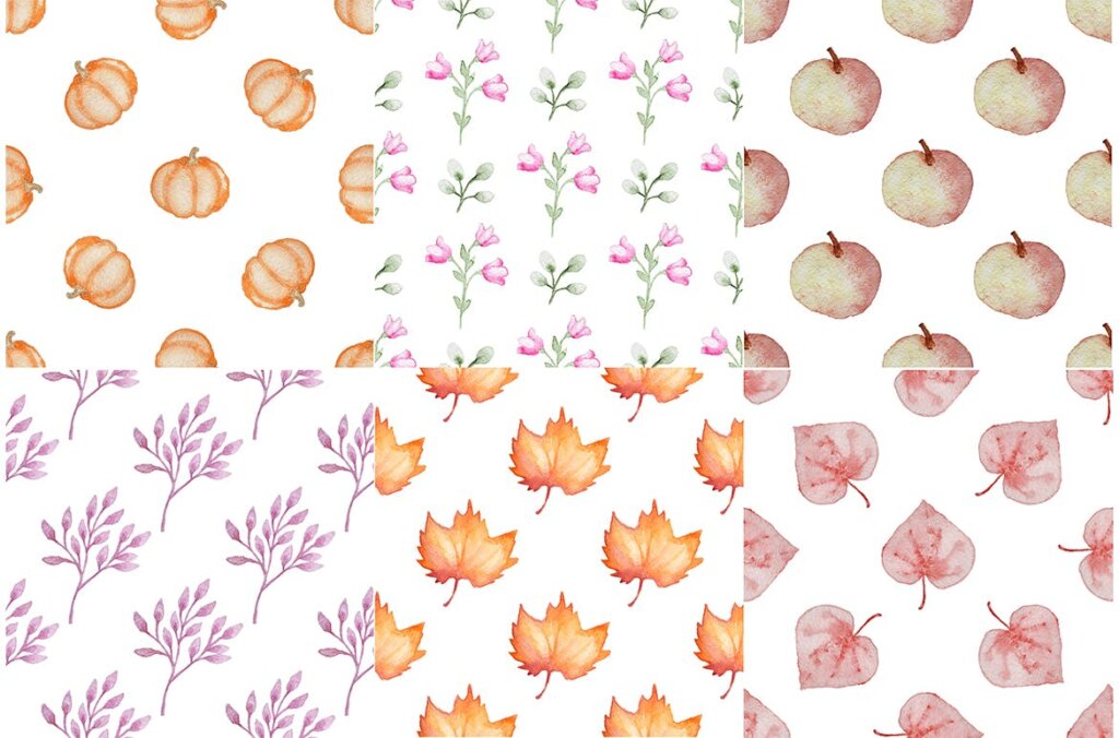 12种花卉水彩与花卉和树叶矢量图案素材模板下载Set of Autumn Seamless Patterns插图1