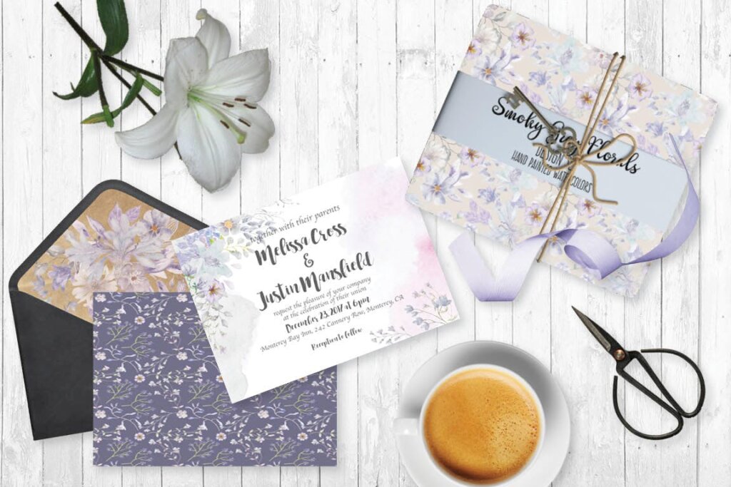 紫色花卉水彩/礼品包装盒装饰图案素材Smoky Grey Florals Watercolor Design Set插图1