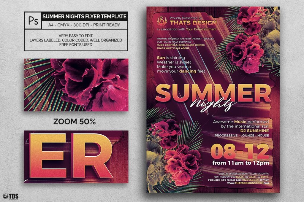 文艺夏季之夜活动派对传单海报Summer Nights Flyer Template插图1